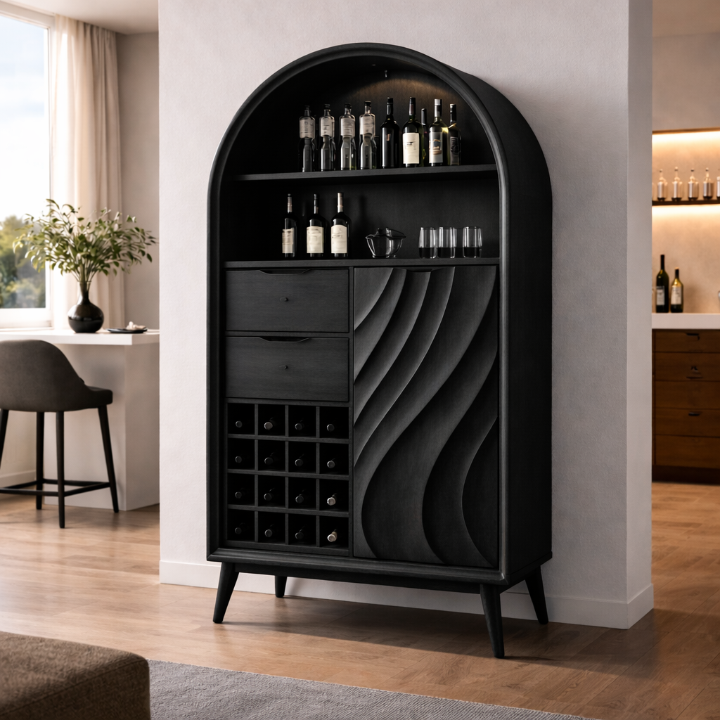 Arched Solid Wood Bar Cabinet with Wine Rack & Sculpted Door – Mid Century Modern Bar Storage