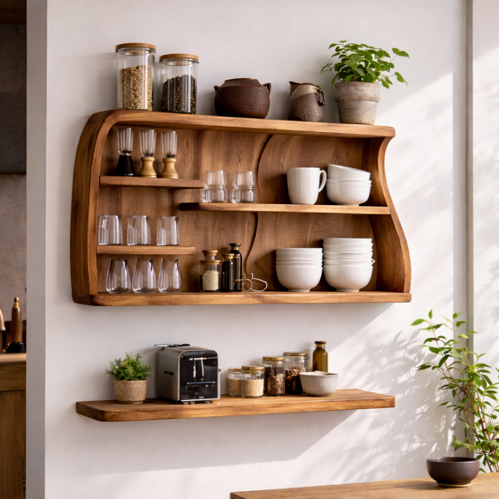 Solid Wood Kitchen Cabinet Shelf – Wall Mounted Open Storage with Natural Wood Grain