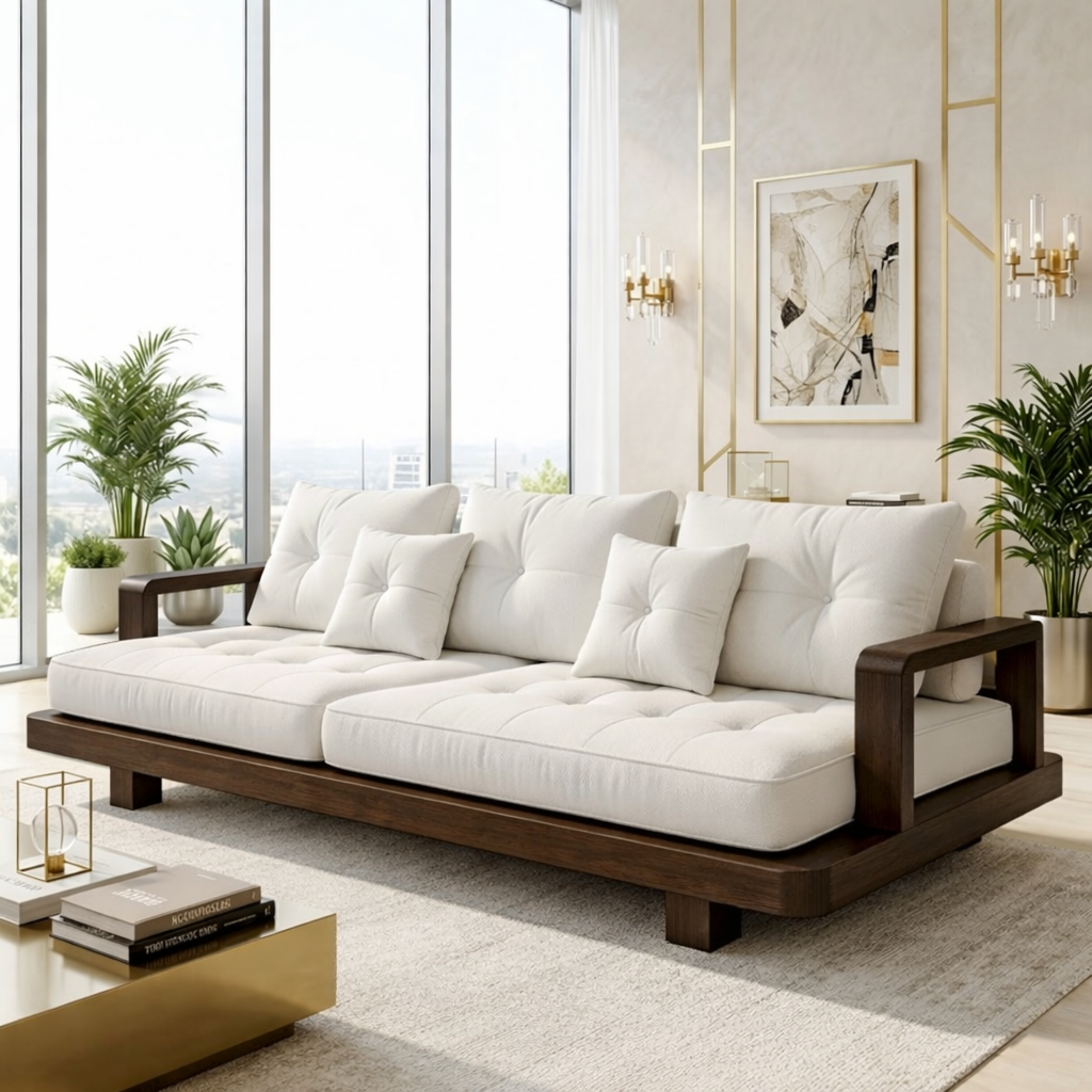 Modern Minimalist Solid Wood Sofa with White Tufted Cushions Zen Living Room Couch
