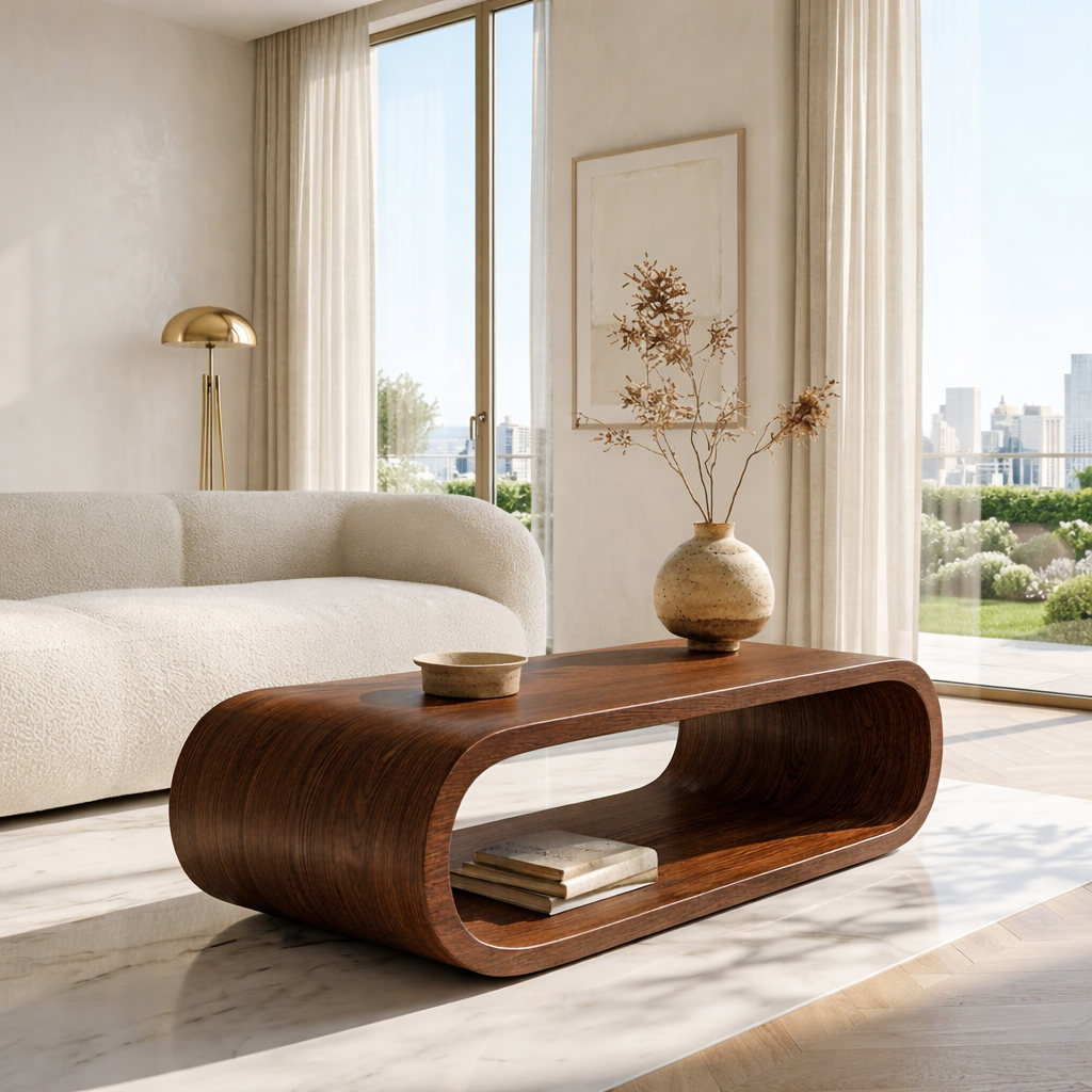 Modern Curved Coffee Table with Open Shelf for Contemporary Minimalist Interiors