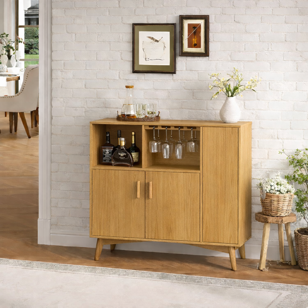 Handcrafted Solid Oak Wine Cabinet Scandinavian Bar Sideboard with Glass Rack Storage Display