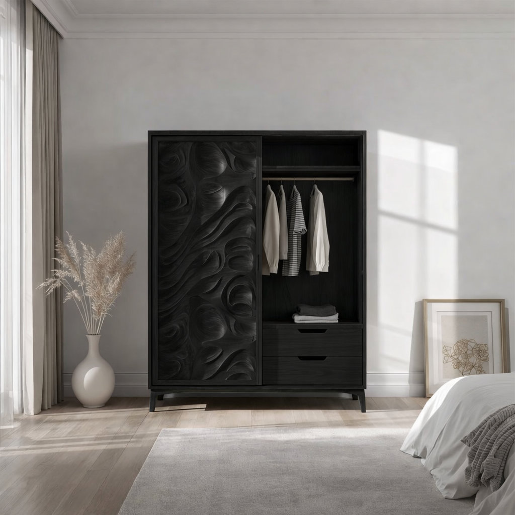 Solid Wood Wardrobe with Carved Panel Door – Modern Bedroom Closet with Drawers