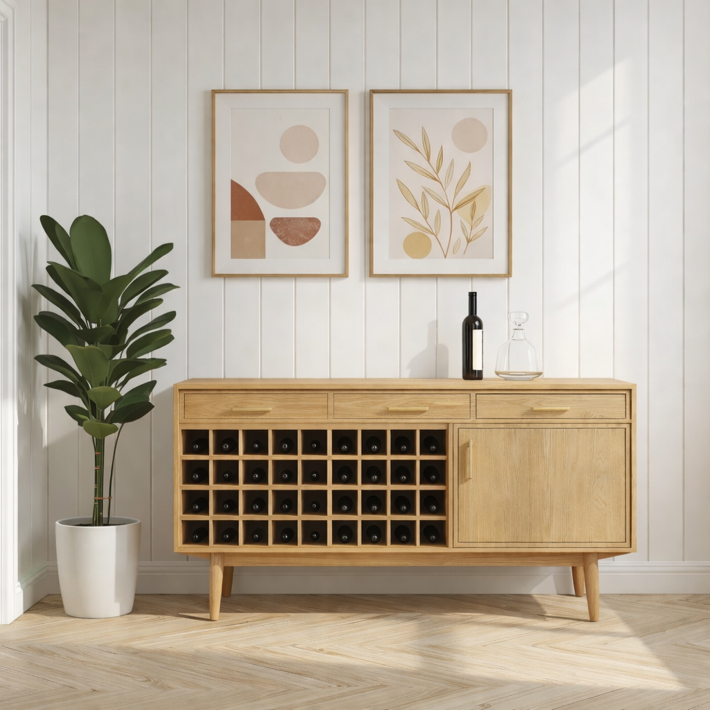 Mid Century Solid Wood Wine Cabinet with Large Bottle Rack and Drawer Storage