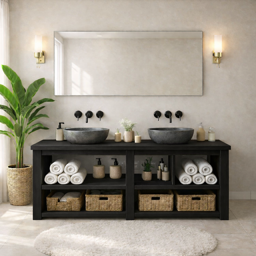 Rustic Double-Sink Wooden Bathroom Vanity with Storage Shelves Kitchnce