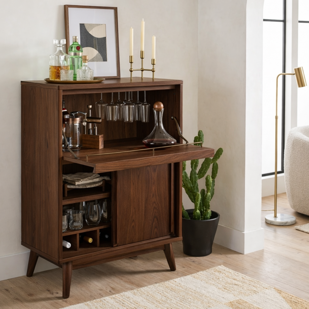 Contemporary Wooden Bar Cabinet, Entertaining Console with Glassware Storage Rack