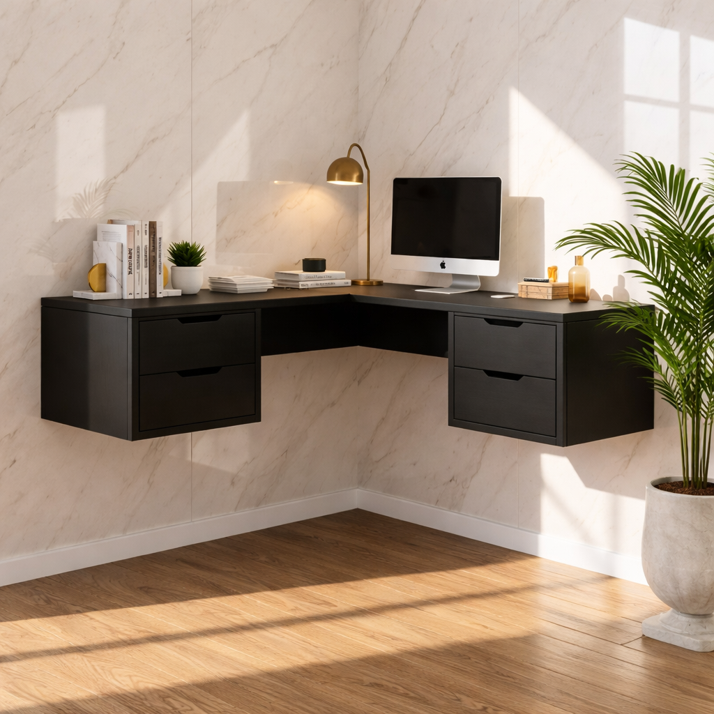 Floating Corner Desk with Drawers – Walnut Wall-Mounted Workspace