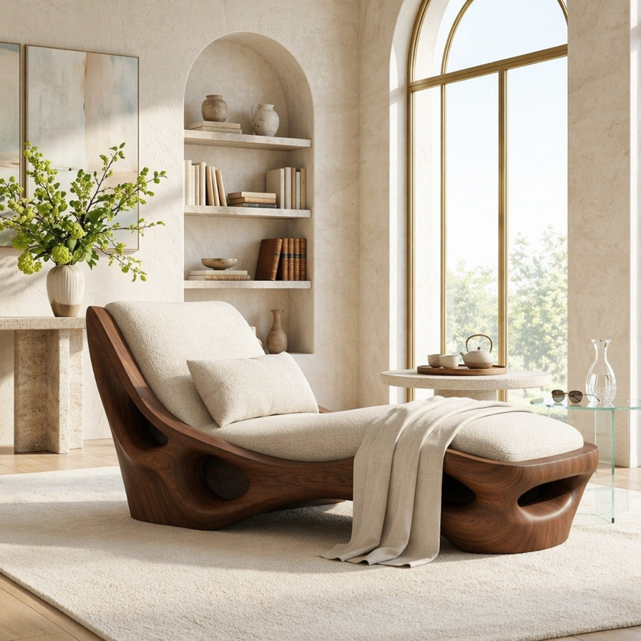 Modern Sculptural Chaise Lounge Chair, Curved Minimalist Statement Furniture Decor