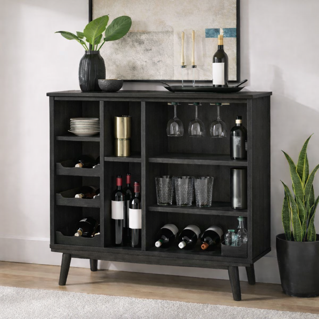 Solid Wood Wine Cabinet with Open Shelves and Glass Rack Storage Unit