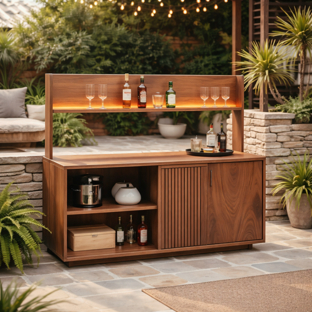 Solid Wood Outdoor Bar Cabinet with Shelf & Storage – Modern Patio Drink Station