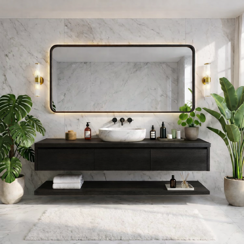 Modern Floating Vanity with Shelves, Oak Bathroom Storage Unit, Wall-Mounted Cabinet Kitchnce
