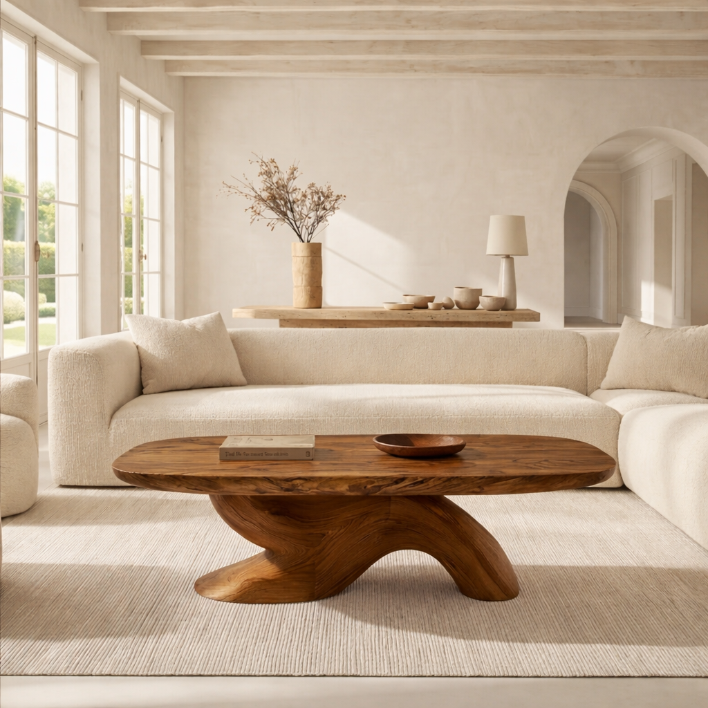 Organic Sculptural Coffee Table with Oval Top, Modern Minimalist Living Room Centerpiece