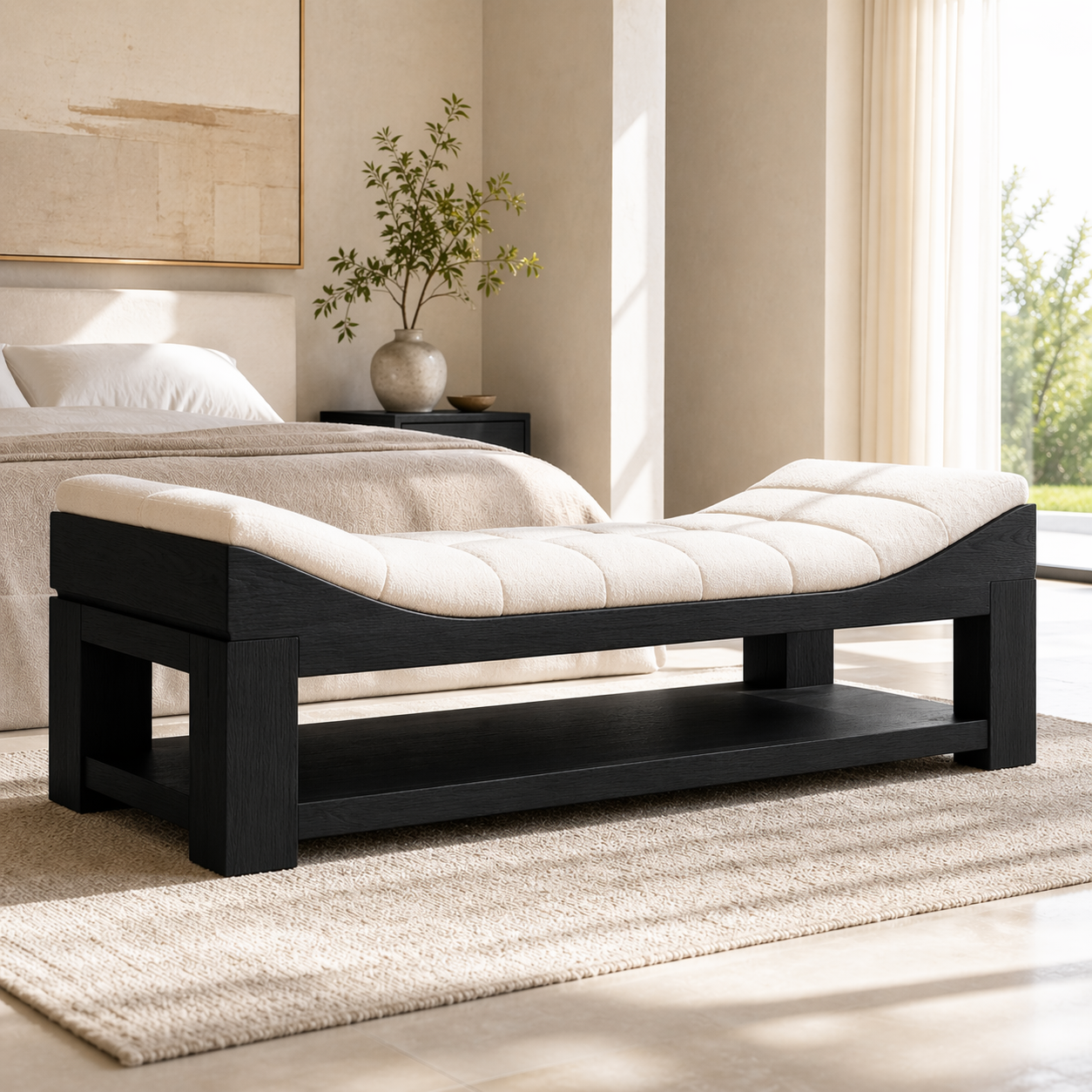 Modern Upholstered Daybed Bench with Storage Shelf for Bedroom Lounge Decor