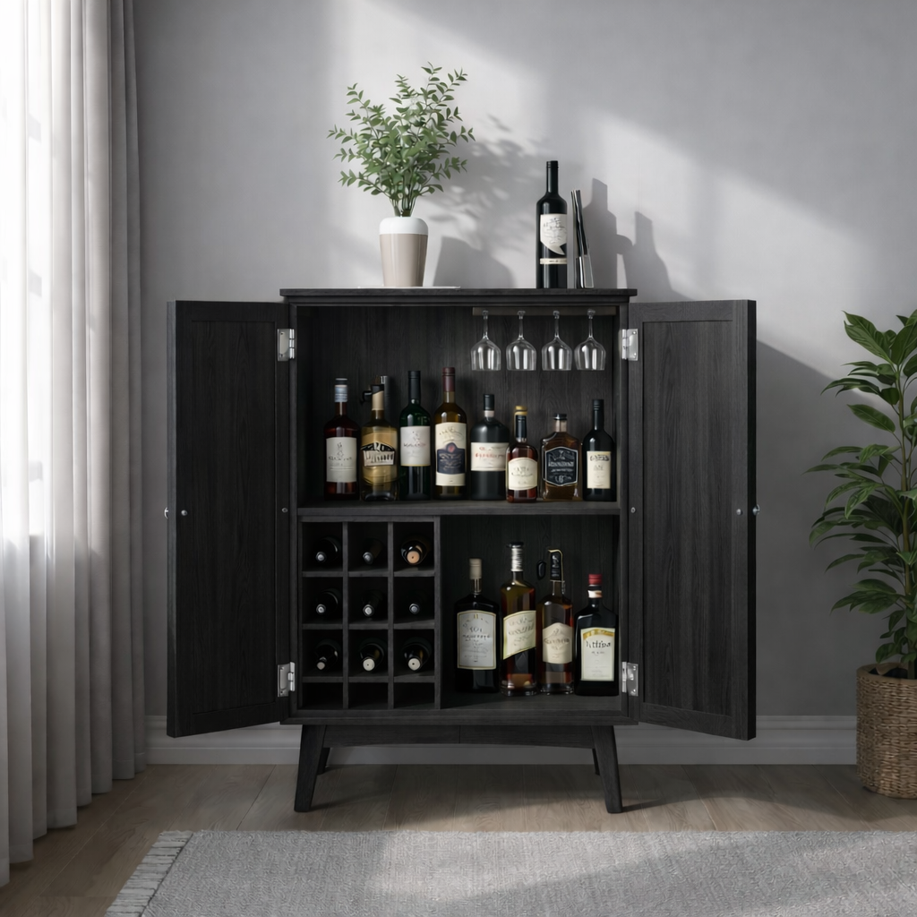 Solid Wood Wine Cabinet with Double Doors and Built-In Bottle Rack
