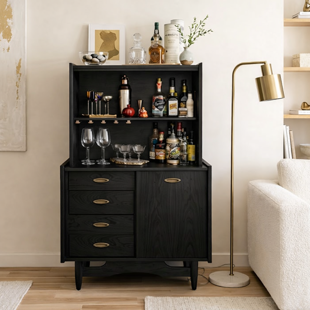 Contemporary Wooden Bar Cabinet with Drawers, Entertaining Storage and Display Shelf