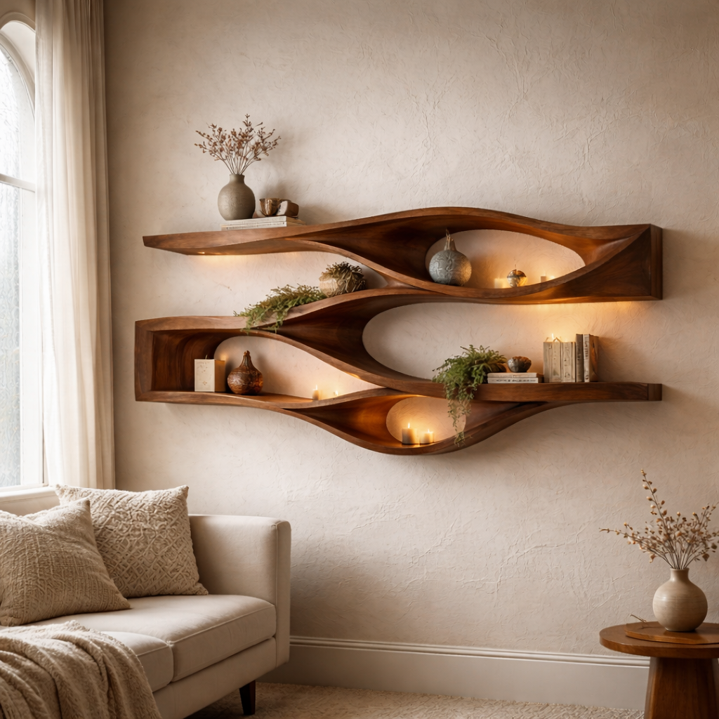 Handcrafted Solid Wood Floating Wall Shelf - Organic Curved Wave Design for Modern Home Decor