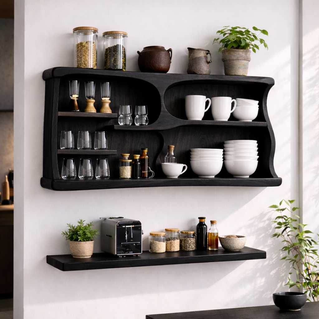 Solid Wood Kitchen Cabinet Shelf – Curved Open Wall Storage for Modern Kitchens