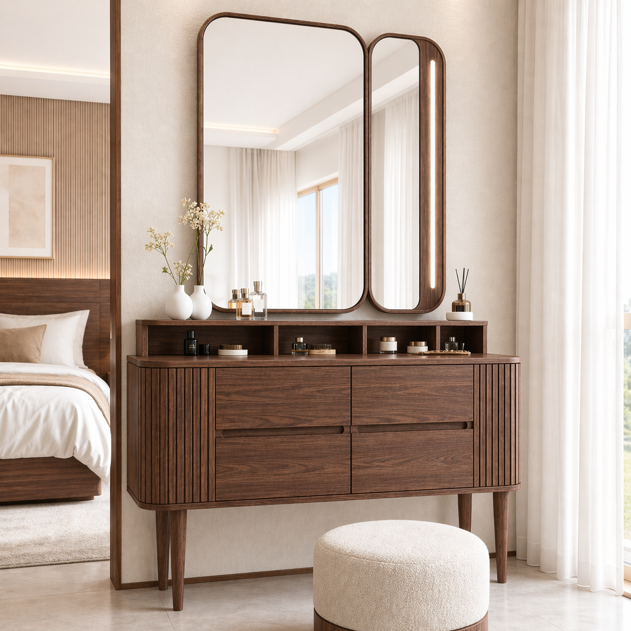 Modern Makeup Vanity Desk With LED Mirror Drawers Dressing Table Bedroom Furniture