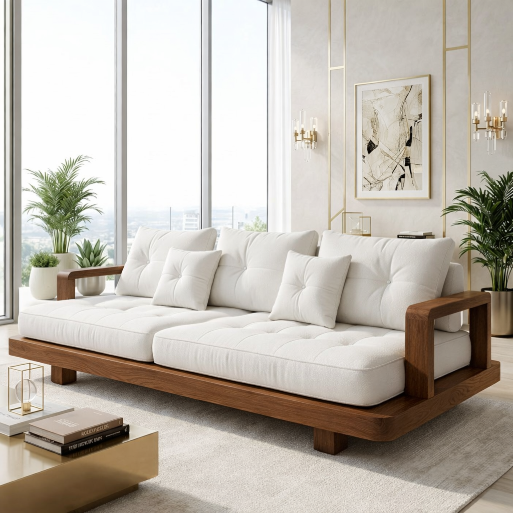Modern Minimalist Solid Wood Sofa with White Tufted Cushions Zen Living Room Couch