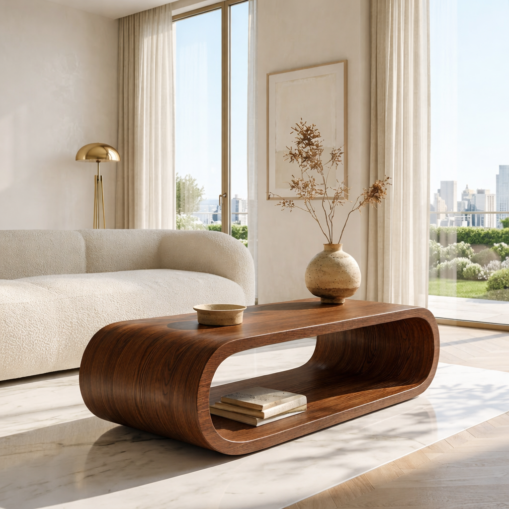 Modern Curved Coffee Table with Open Shelf for Contemporary Minimalist Interiors
