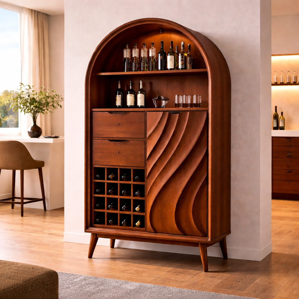 Arched Solid Wood Bar Cabinet with Wine Rack & Sculpted Door – Mid Century Modern Bar Storage