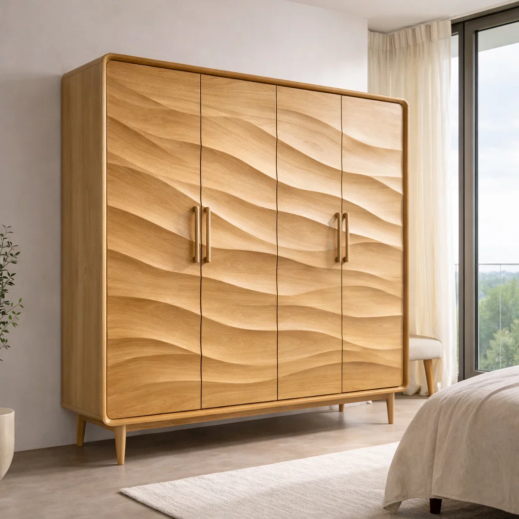 Wave-Design Solid Wood Wardrobe with Modern Storage – Elegant Bedroom Furniture