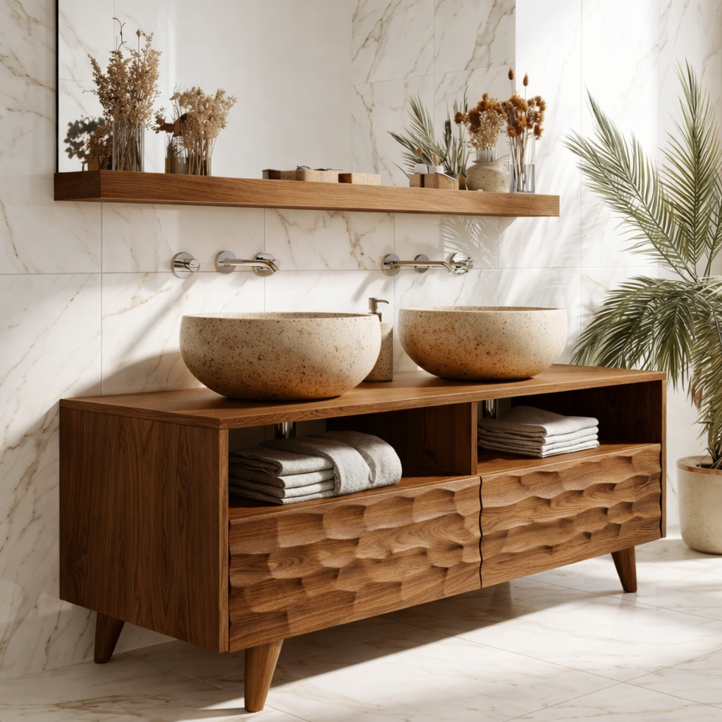 Modern Solid Wood Double Bathroom Vanity with Open Storage and Textured Drawers