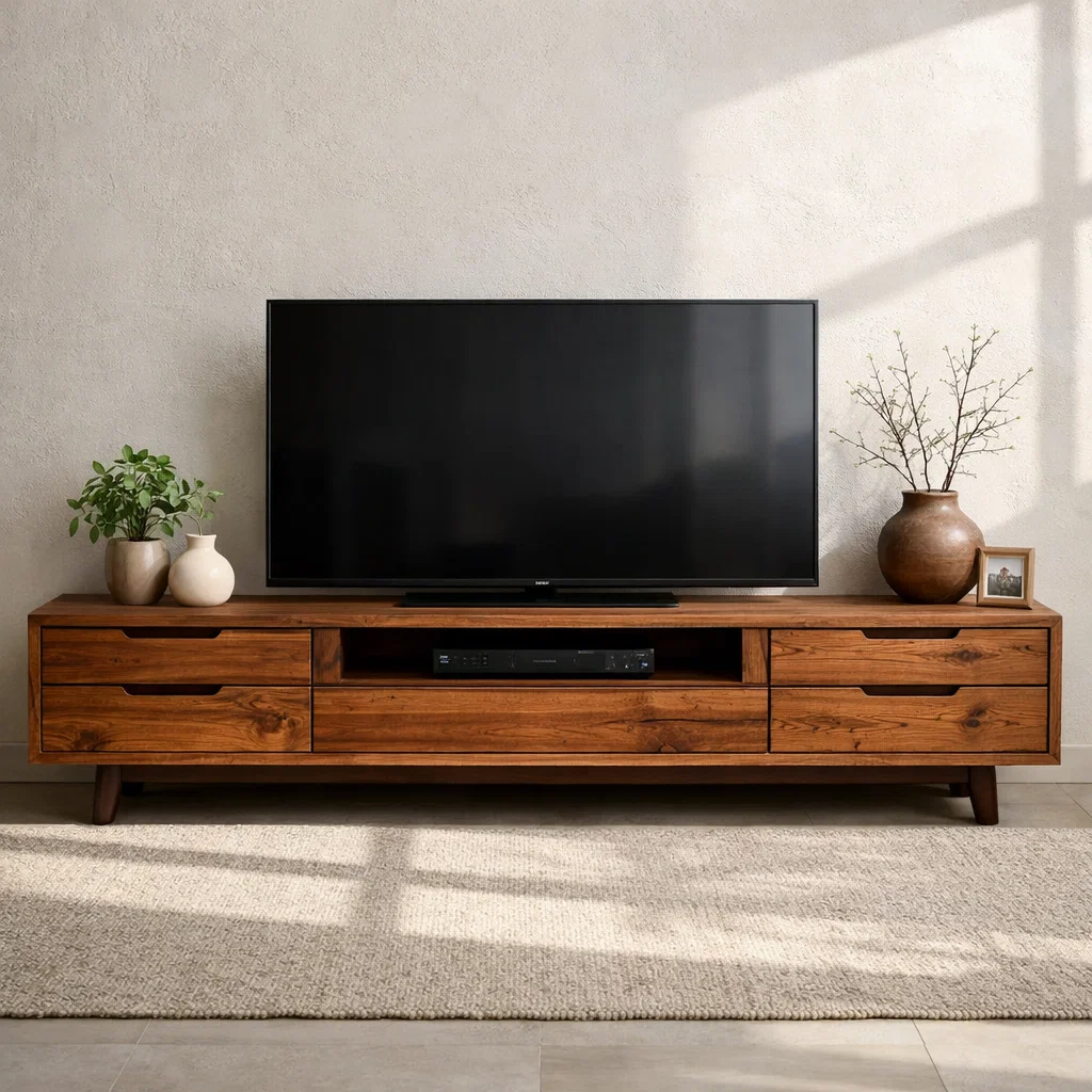Solid Wood Media Console with Drawers – Modern TV Stand with Open Shelf Storage