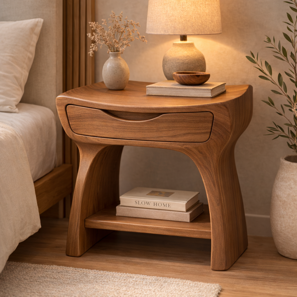 Solid Wood Nightstand with Drawer and Shelf – Modern Curved Bedside Table