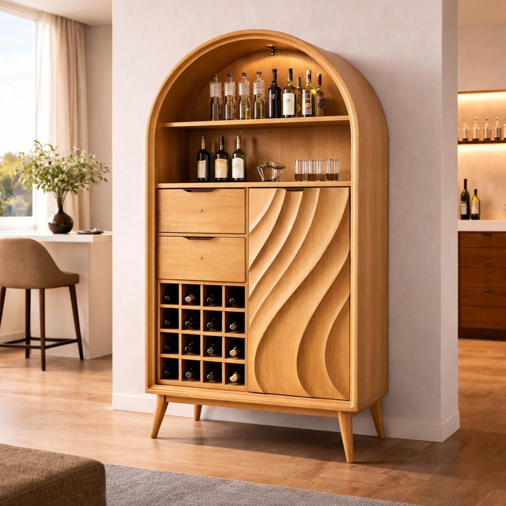 Arched Solid Wood Bar Cabinet with Wine Rack & Sculpted Door – Mid Century Modern Bar Storage