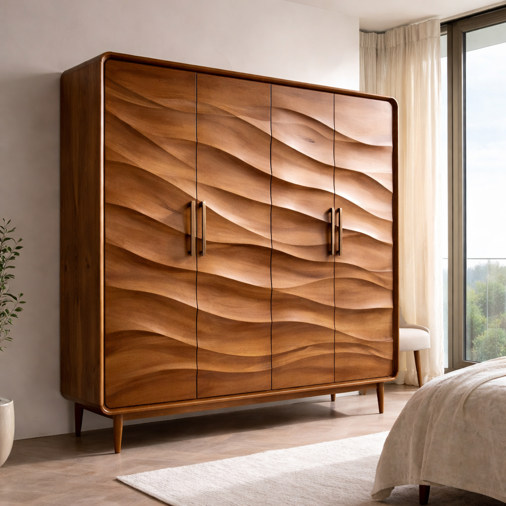 Wave-Design Solid Wood Wardrobe with Modern Storage – Elegant Bedroom Furniture