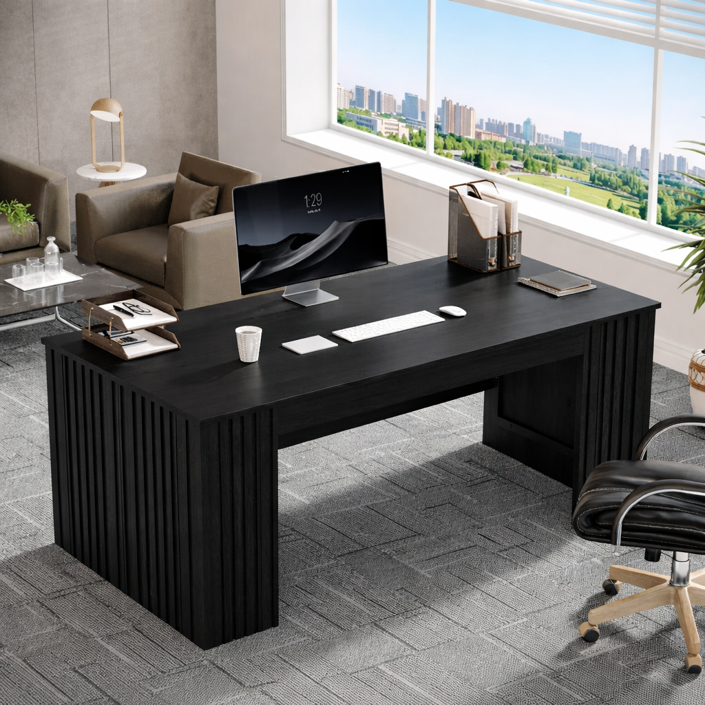 Modern Fluted Executive Desk, Large Minimalist Home Office Workstation Writing Table