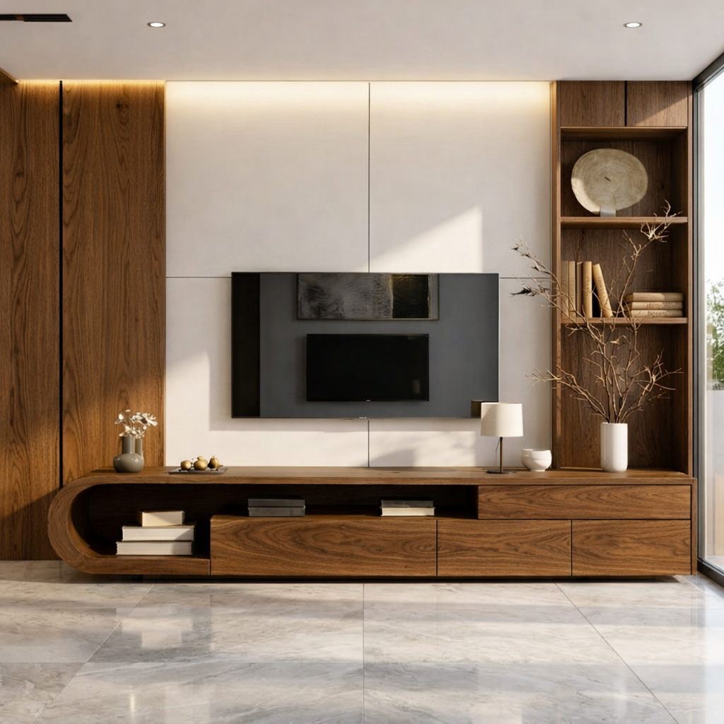 Solid Wood TV Stand with Curved Shelf, Modern Low Profile Media Console