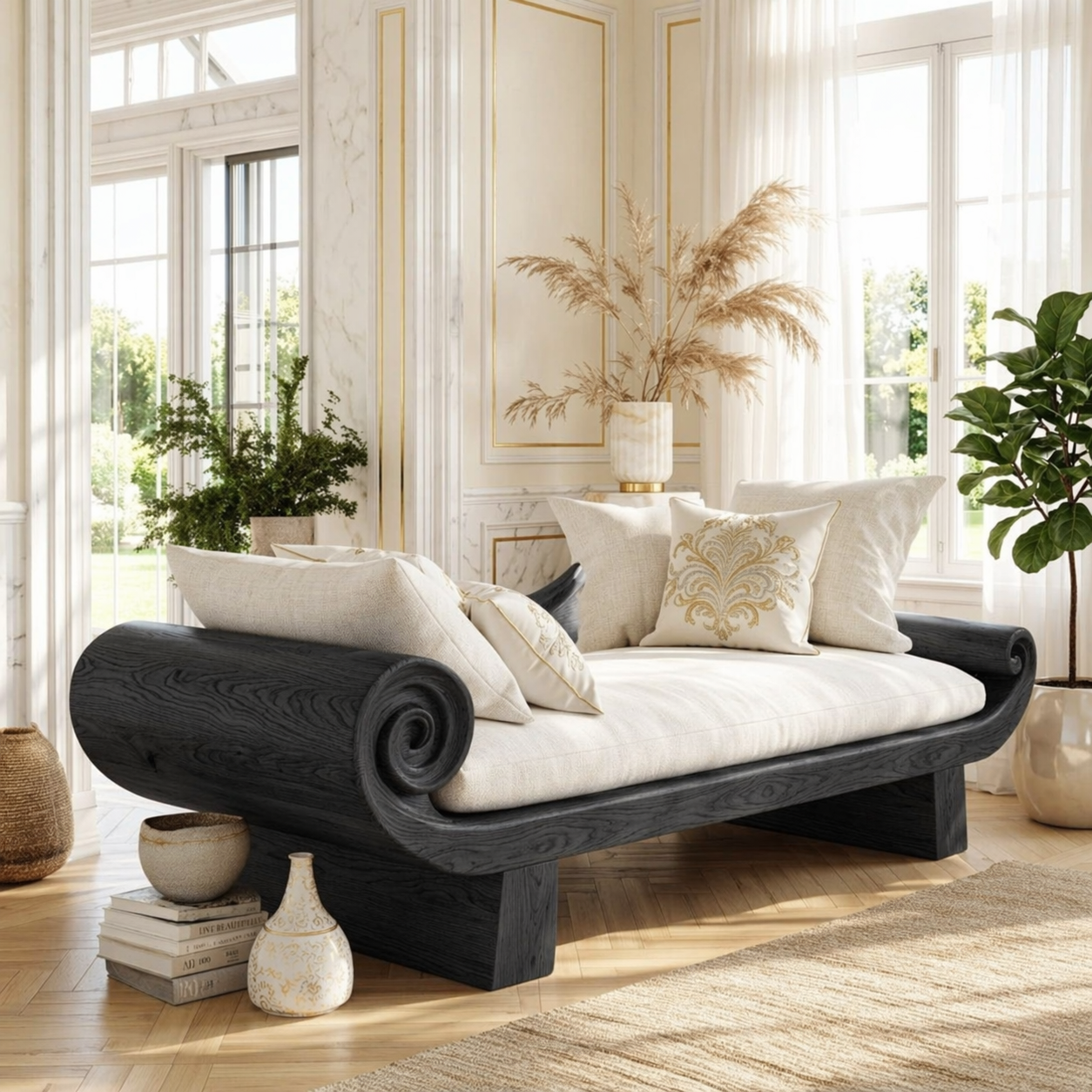 Scrolled Arm Daybed Sofa, Sculptural Luxury Accent Seating for Elegant Interiors