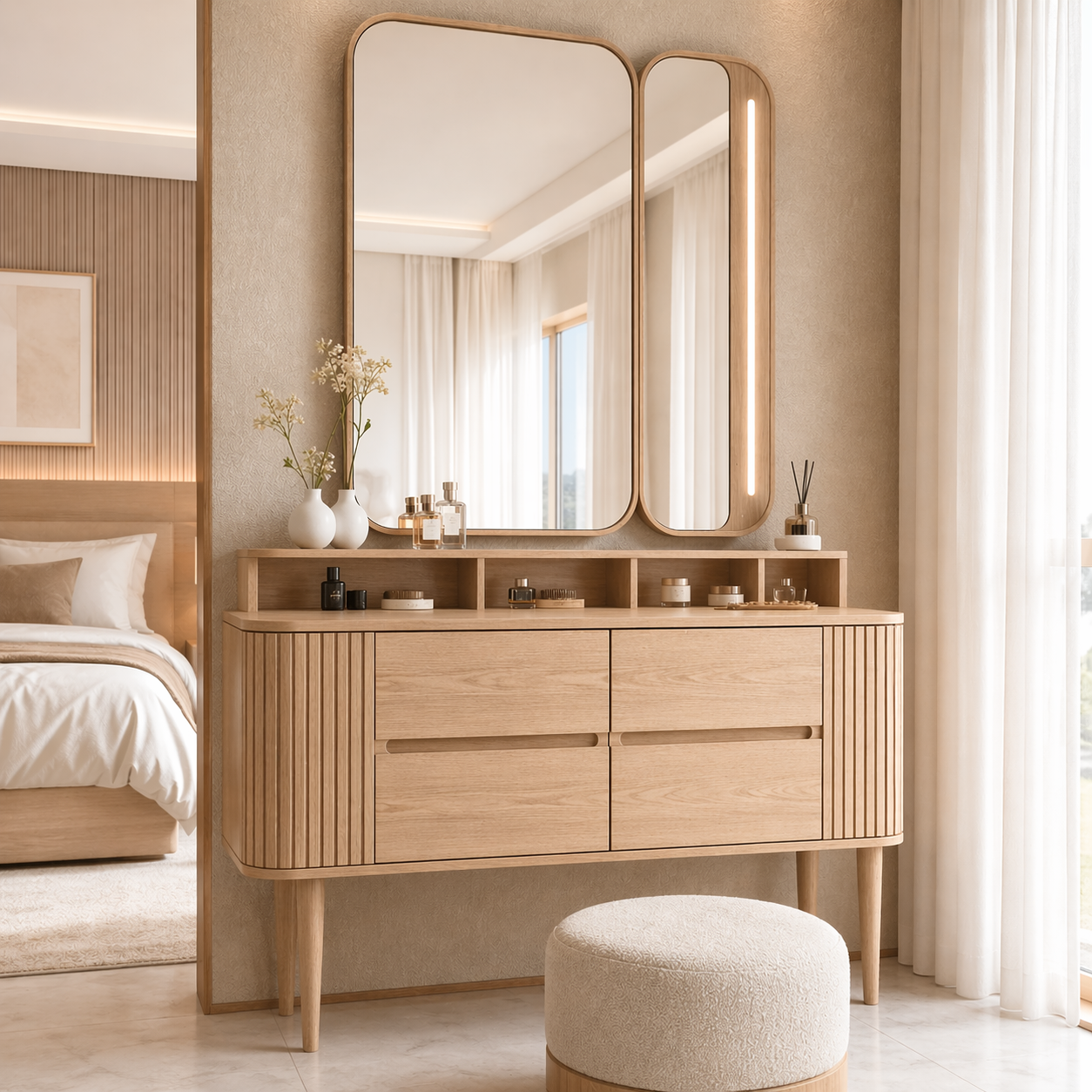 Modern Makeup Vanity Desk With LED Mirror Drawers Dressing Table Bedroom Furniture