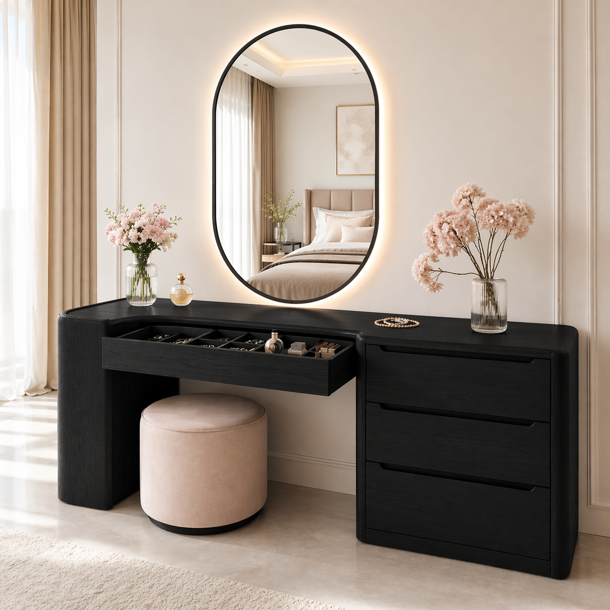 Modern Makeup Vanity Desk With LED Mirror Drawers Dressing Table Bedroom Storage Set