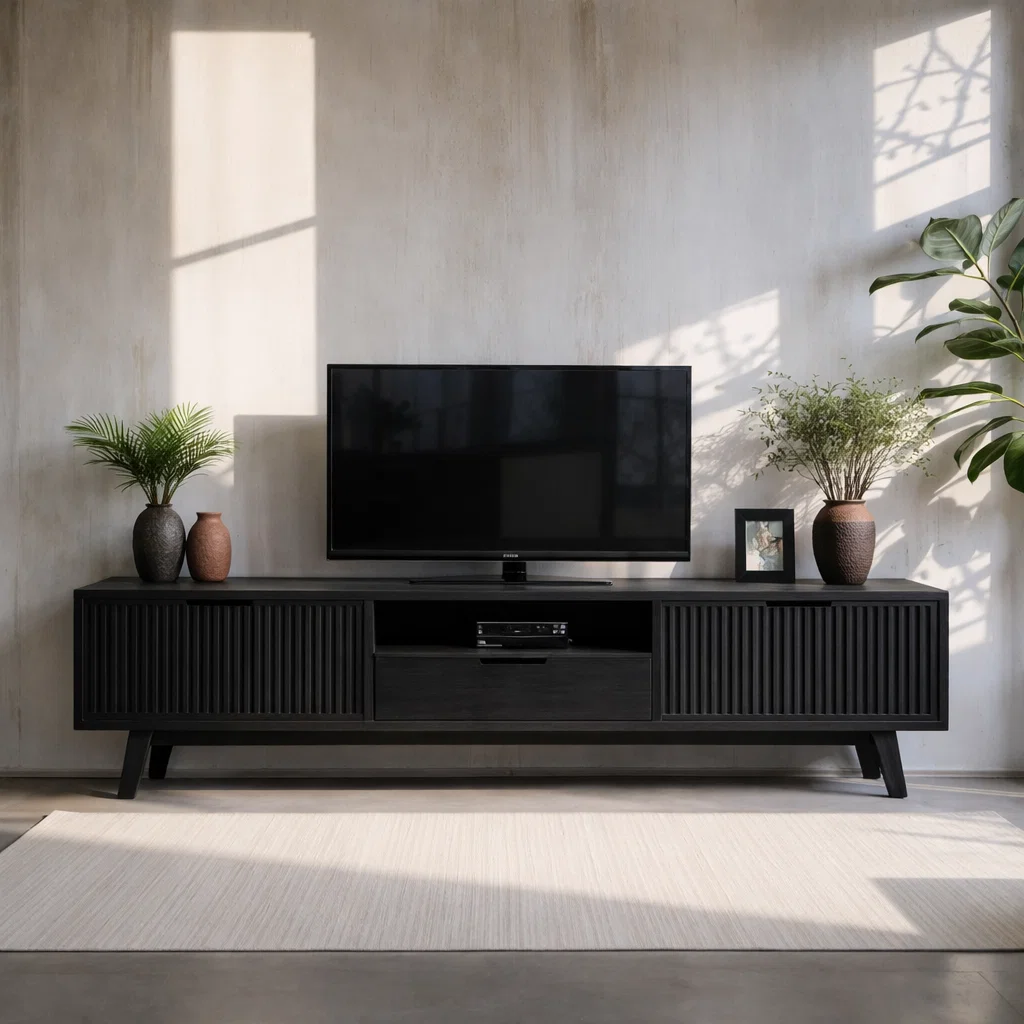 Solid Wood Media Console with Slatted Doors – Modern TV Stand with Storage