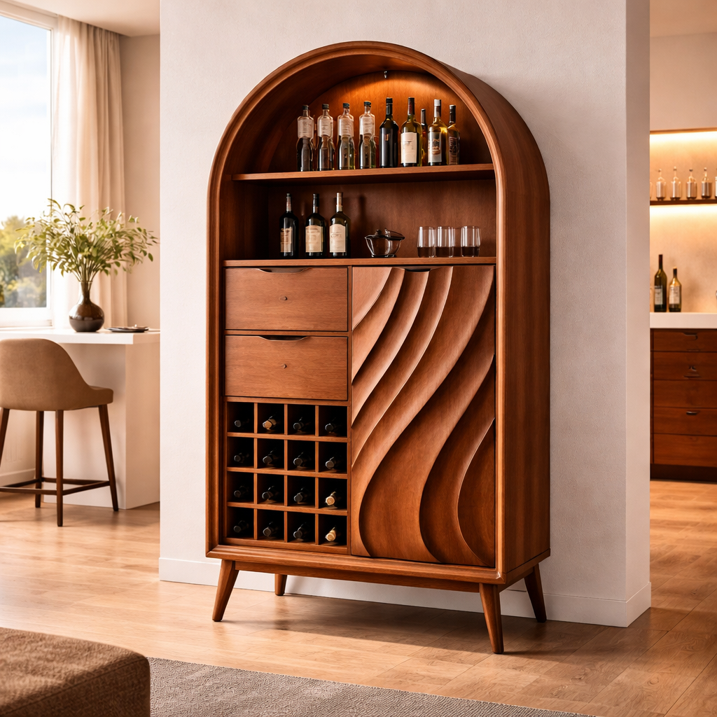 Arched Solid Wood Bar Cabinet with Wine Rack & Sculpted Door – Mid Century Modern Bar Storage