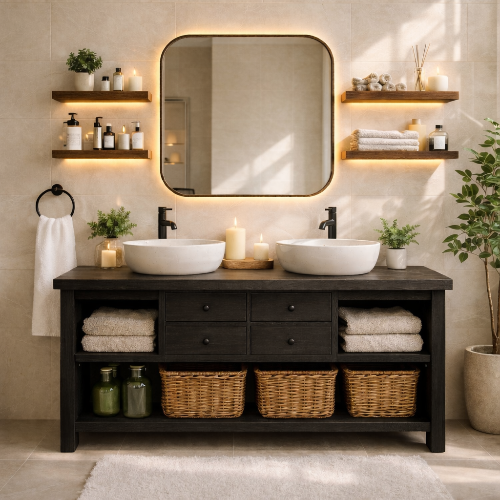 Modern Farmhouse Double Bathroom Vanity Cabinet With Drawers Open Shelf Storage Kitchnce