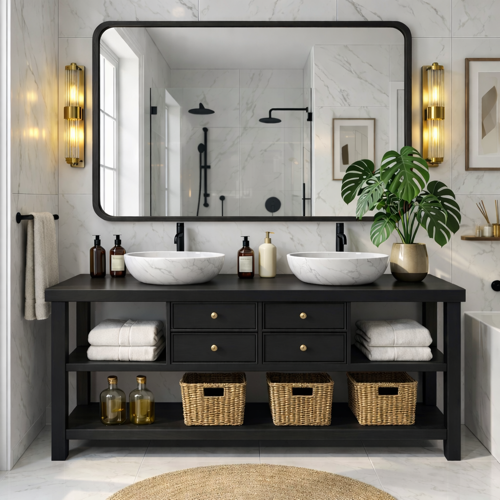 Modern Wooden Bathroom Vanity with Dual Marble Sinks and Ample Storage Kitchnce