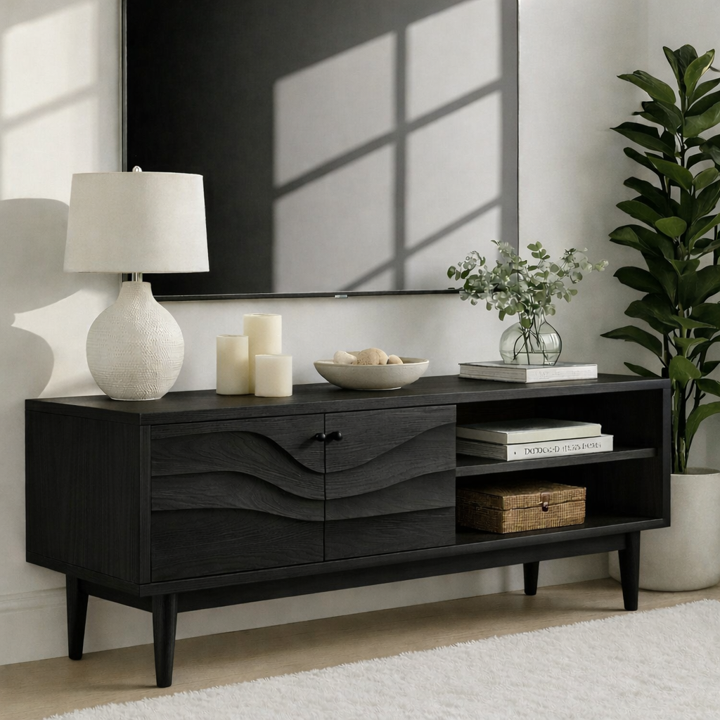 Mid Century Solid Wood TV Stand Wave Front Media Console Modern Entertainment Cabinet Kitchnce
