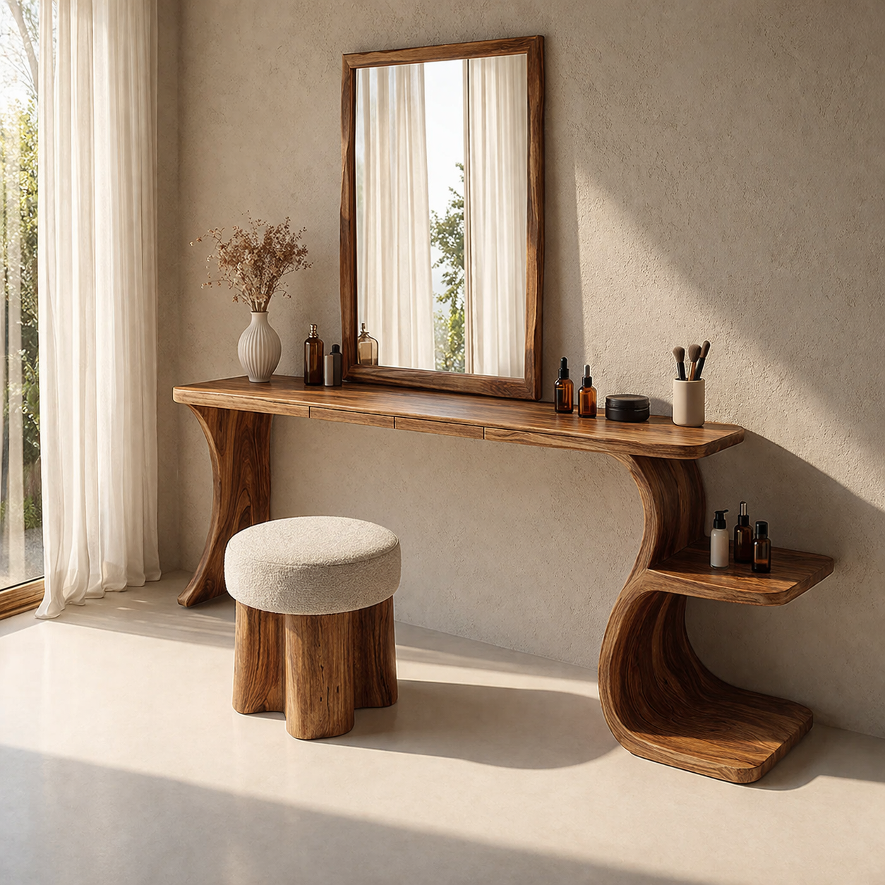Handcrafted Solid Wood Makeup Vanity with Storage – Sculptural Modern Design