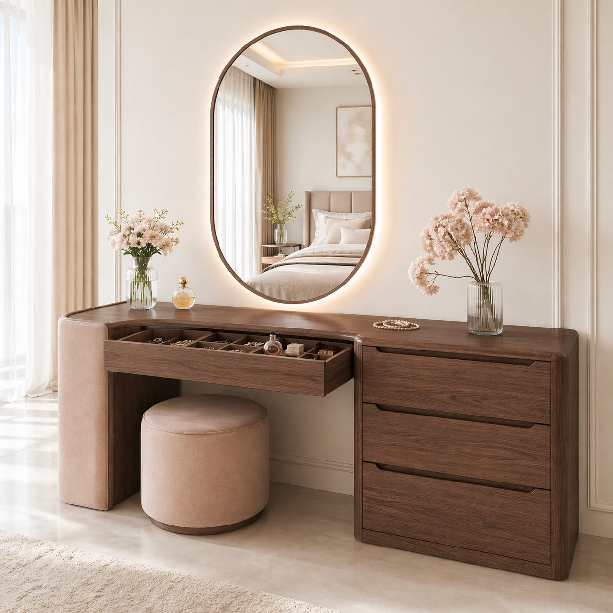 Modern Makeup Vanity Desk With LED Mirror Drawers Dressing Table Bedroom Storage Set