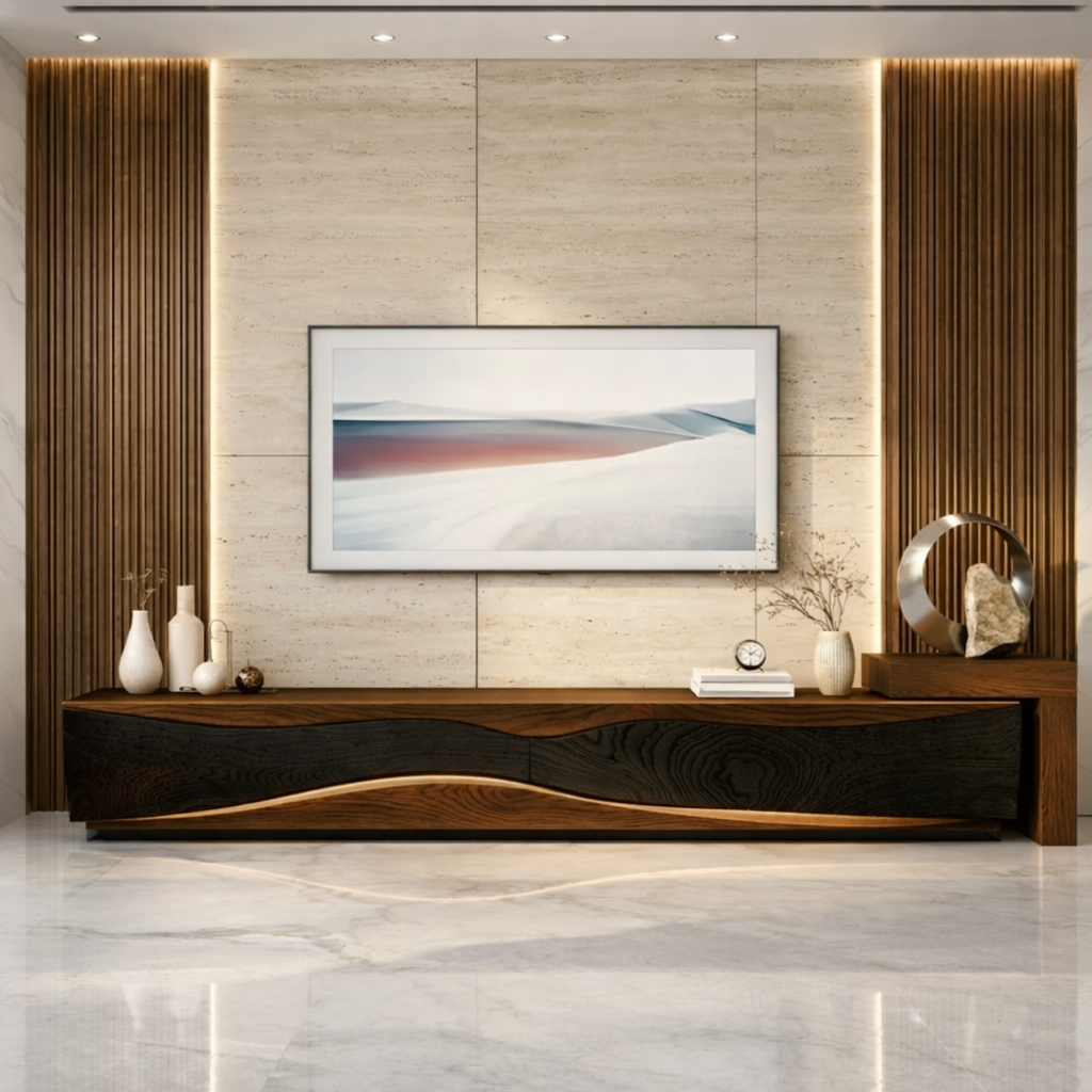 Handcrafted Solid Wood TV Stand with Black Wave Front, Entertainment Centerpiece