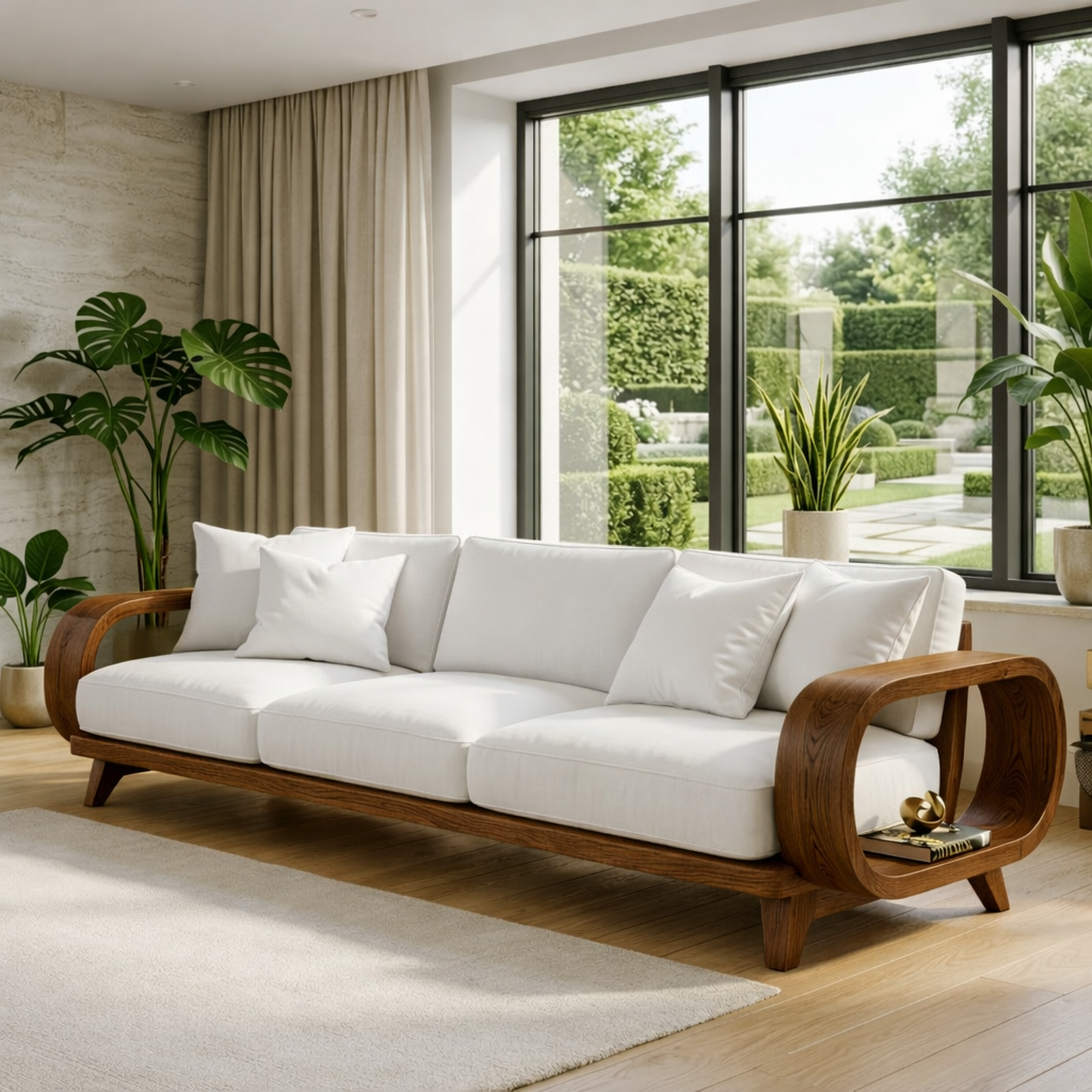 Modern Sculptural Solid Wood Sofa with White Cushions Organic Curved Designer Couch