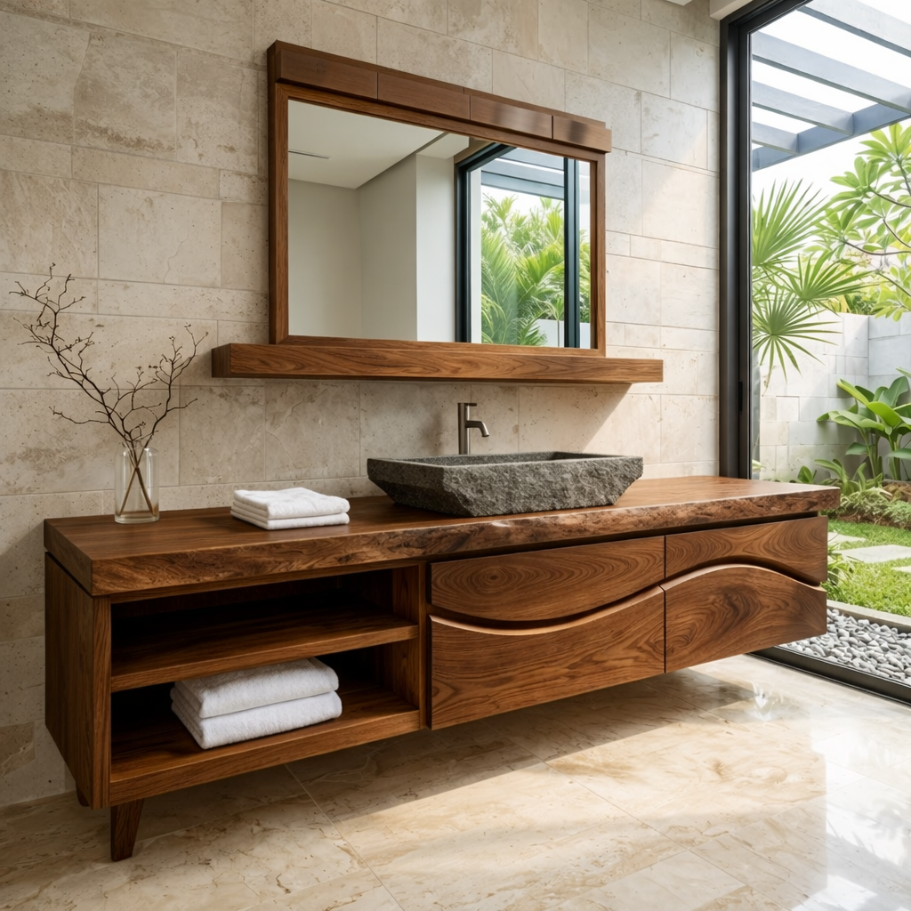 Handcrafted Solid-Wood Floating Bathroom Vanity with Stone Vessel Sink and Mirror
