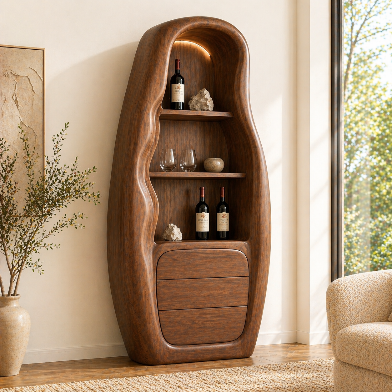 Sculptural Tall Wine Cabinet Freestanding Bar Storage Display Shelves With Drawers