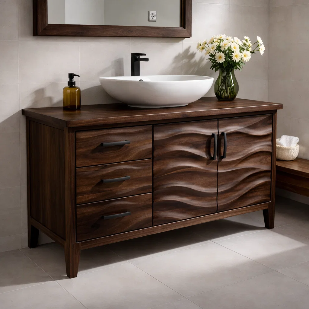 Solid Wood Bathroom Vanity with Wave Design & Drawers – Modern Rustic Base
