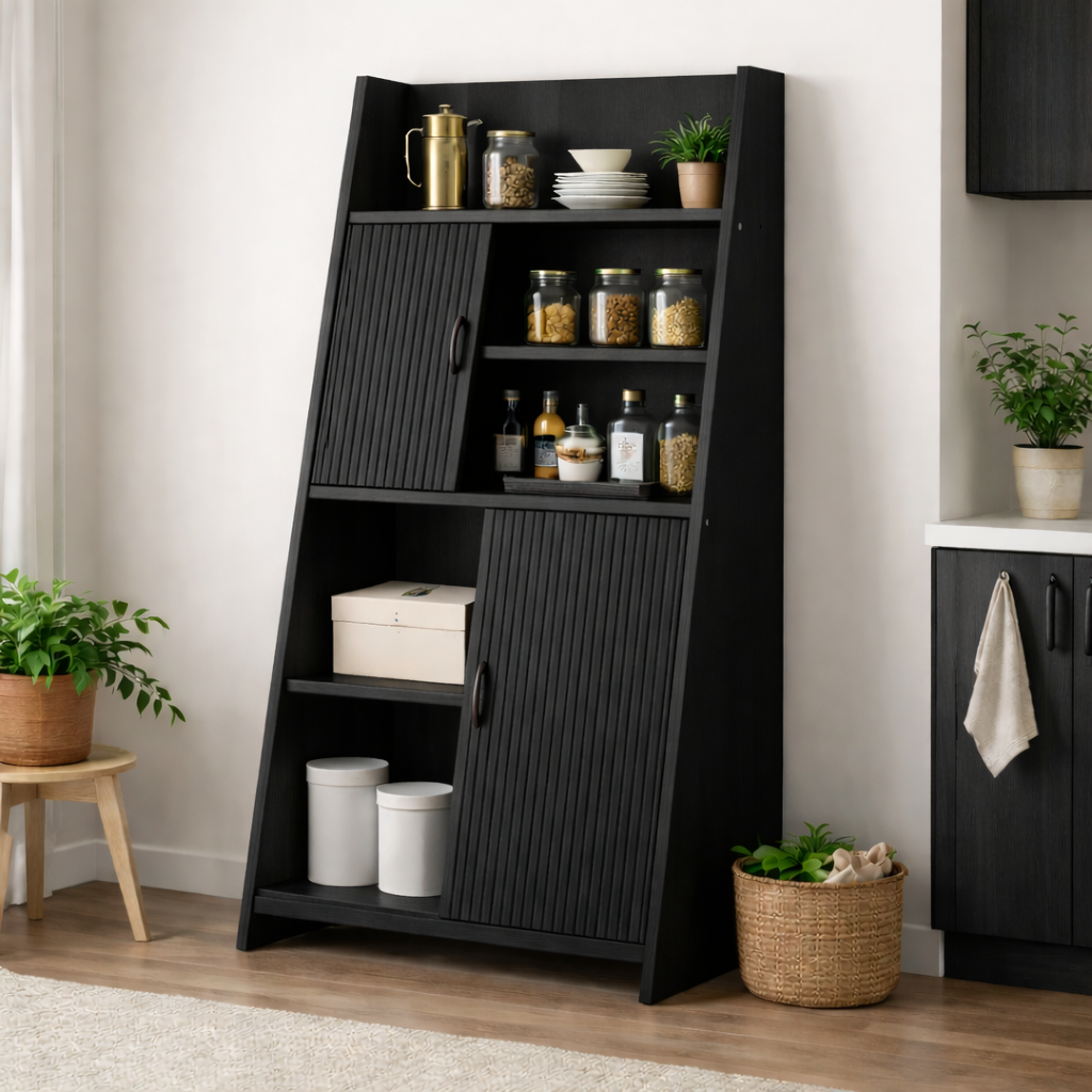 Solid Wood Bar Cabinet with Sliding Doors – Modern Liquor Storage Cabinet