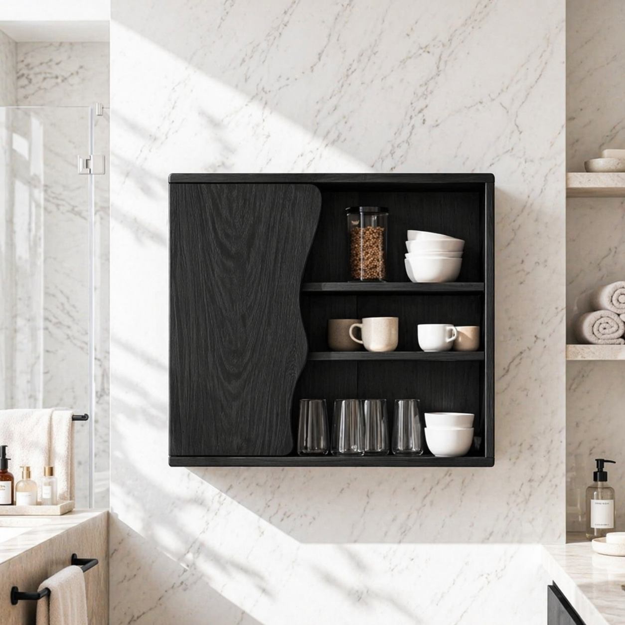 Floating Bathroom Cabinet, Modern Organic Wall Mounted Vanity Storage Shelf Unit