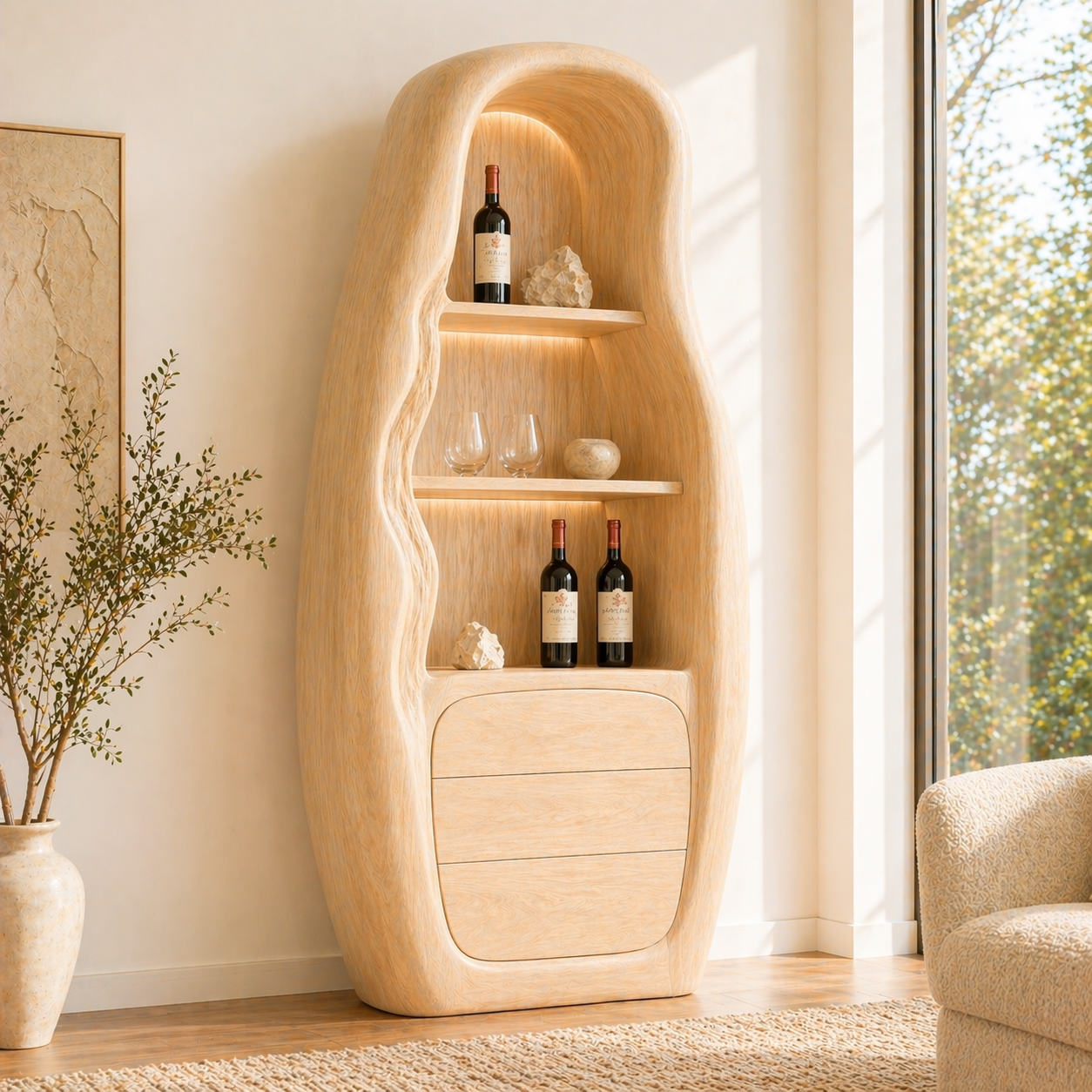 Sculptural Tall Wine Cabinet Freestanding Bar Storage Display Shelves With Drawers